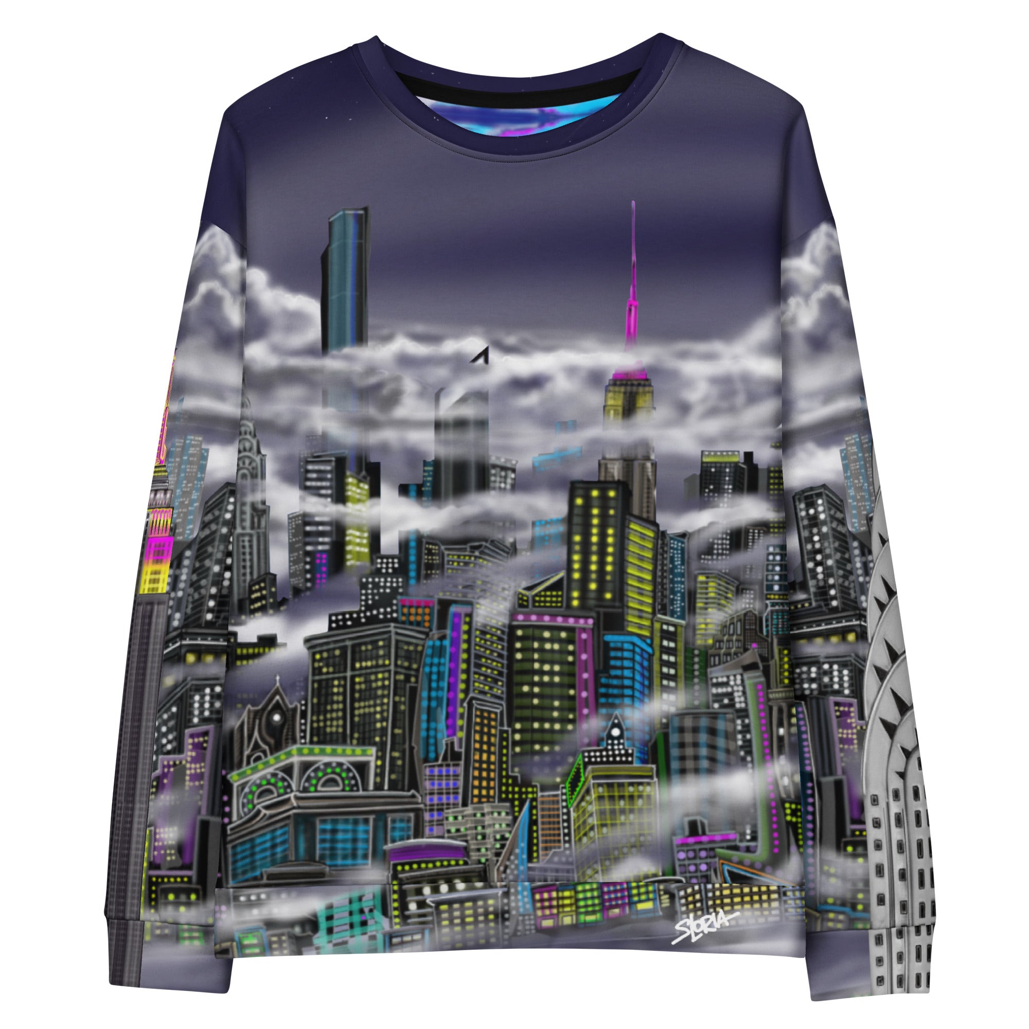 sweatshirt designed by Loria NYC Art with a cityscape design on a white background