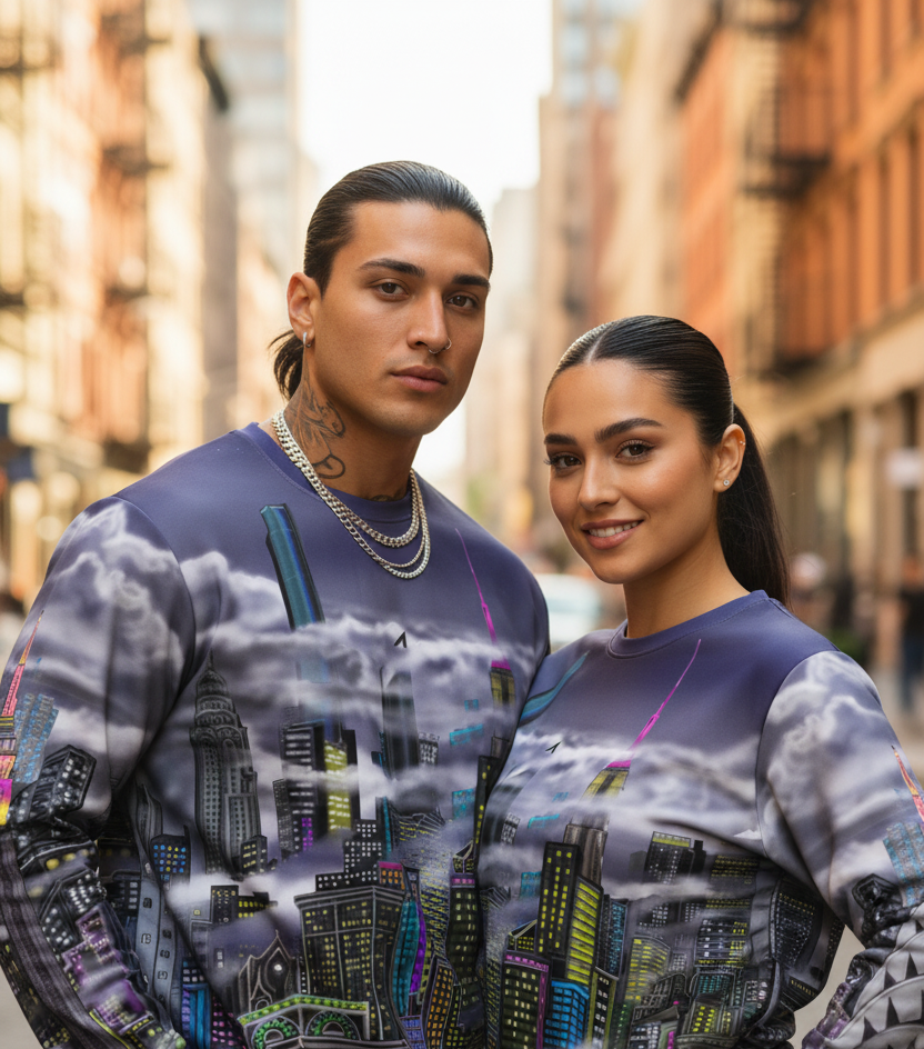 Two people wearing matching Loria NYC Art sweatshirts with a cityscape design on a street.