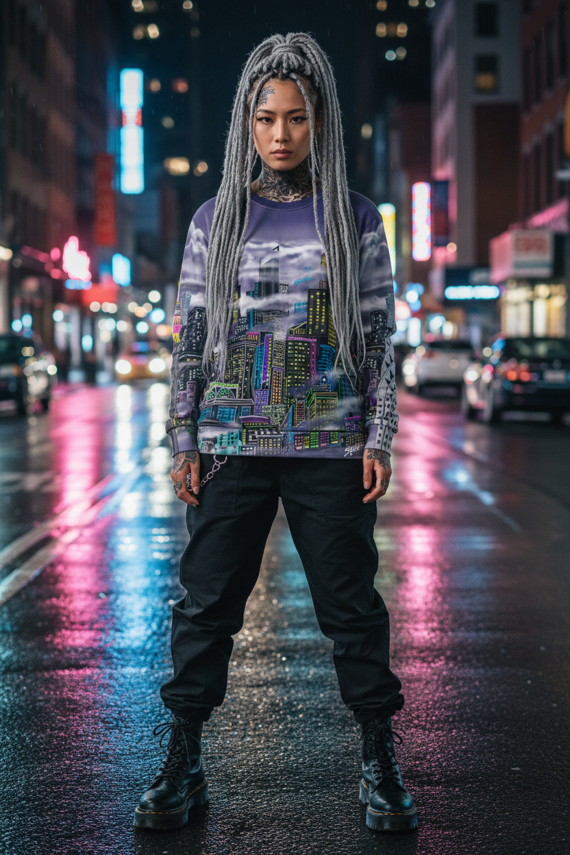 Person wearing a colorful sweater with cityscape Loria NYC Art design on a neon-lit street at night.