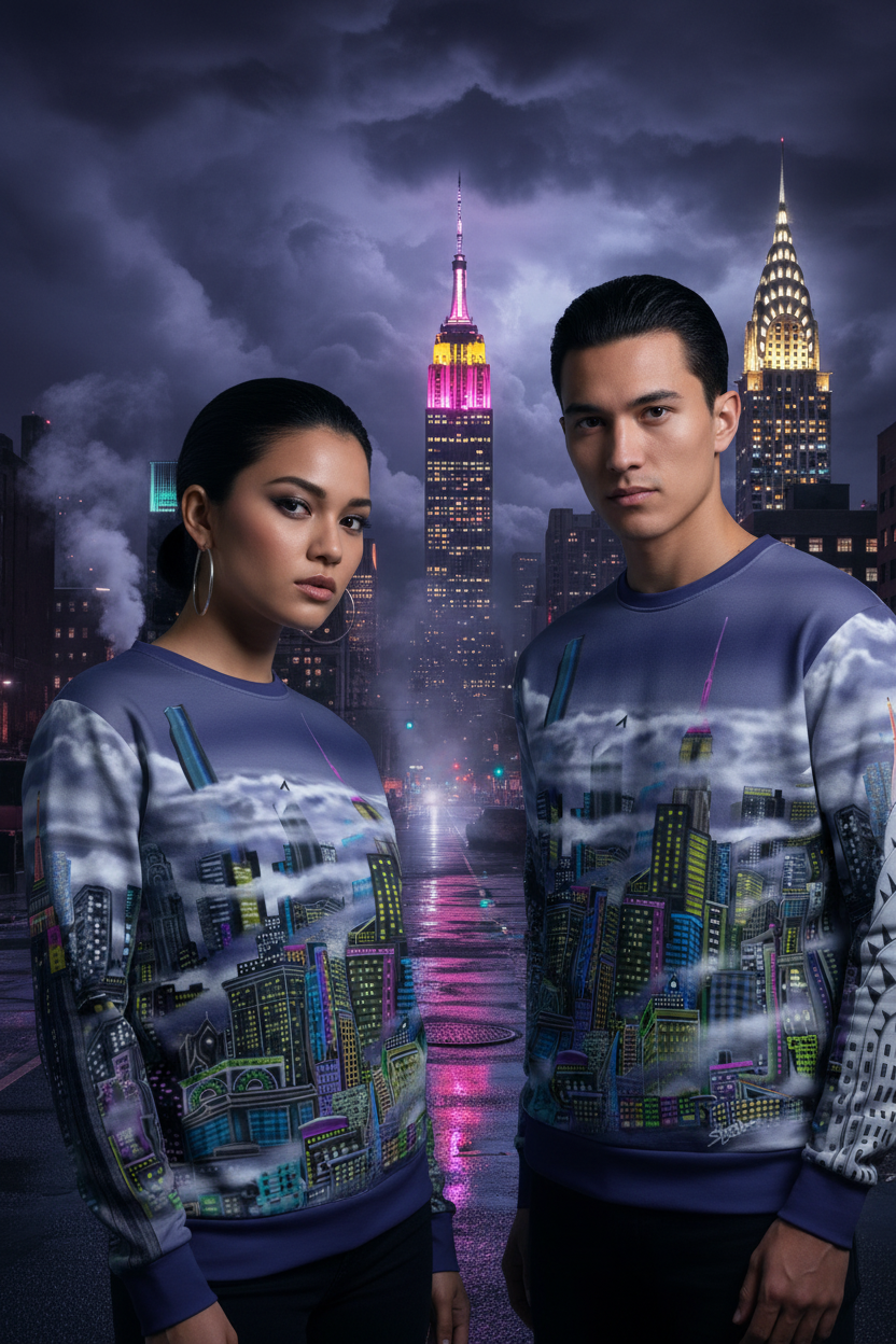 Two people wearing matching Loria NYC Art sweaters with city skyline design against a cityscape background