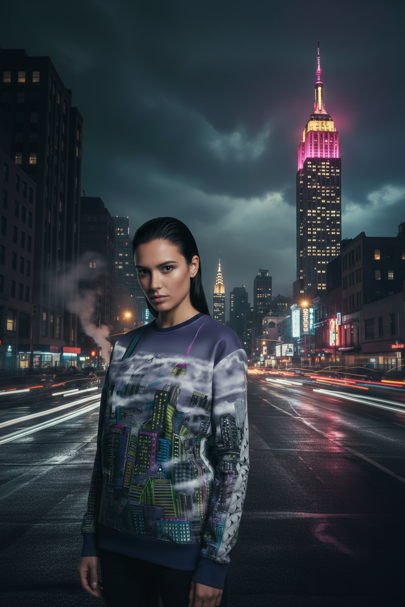 Two people wearing matching Loria NYC Art sweatshirts with cityscape design in front of a city skyline at night.