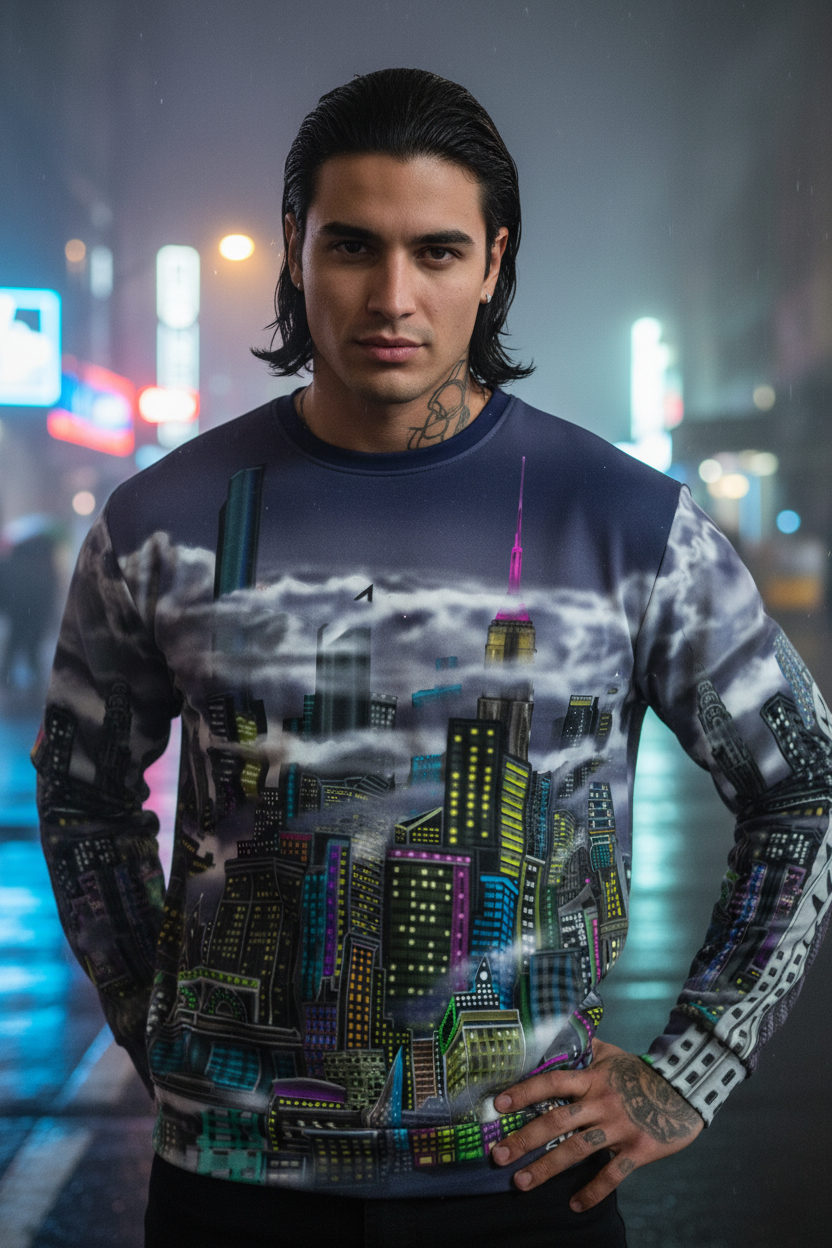 Person wearing a sweat shirt with a cityscape Loria NYC Art design in a neon-lit urban setting