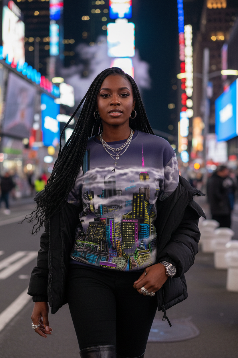 Woman wearing a colorful cityscape sweatshirt Person wearing a sweater designed by Loria NYC Art with neon-lit urban street at night.
