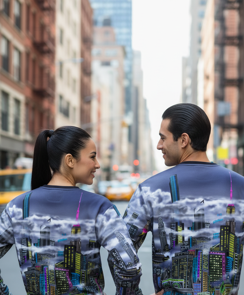 Two people wearing matching Loria NYC Art sweatshirts with a cityscape design in an urban setting.