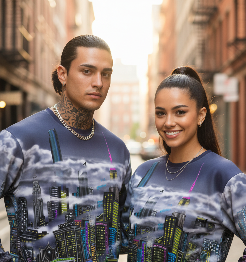 Two people wearing matching Loria NYC Art sweatshirts with a cityscape design on a street.