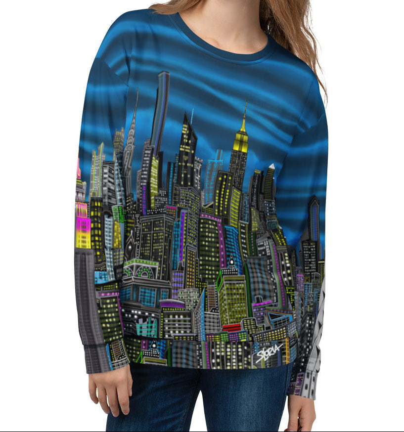 Person wearing Back of Colorful cityscape sweatshirt designed by Loria NYC Art on a white background