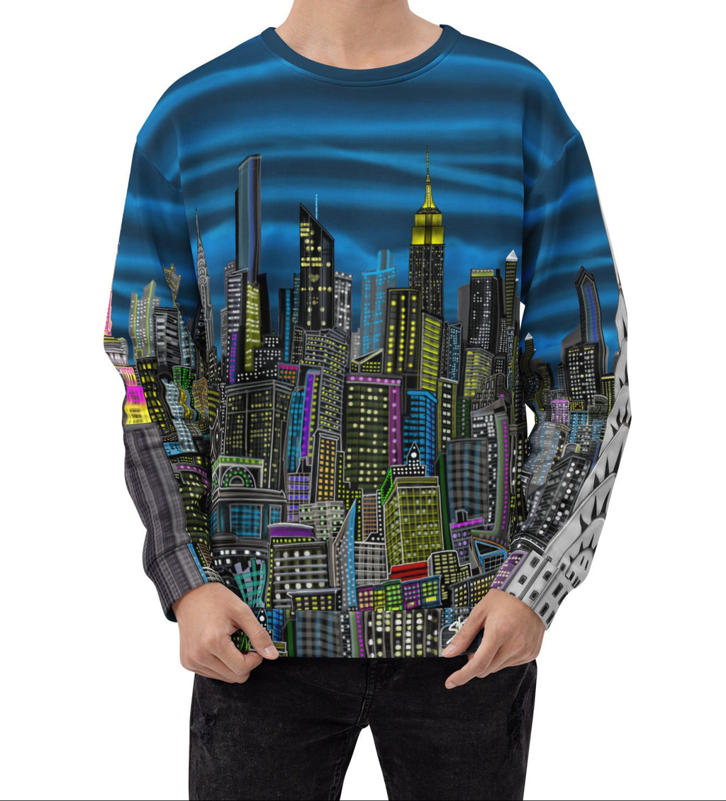 Man wearing a colorful cityscape sweatshirt designed by Loria NYC Art On a white backround