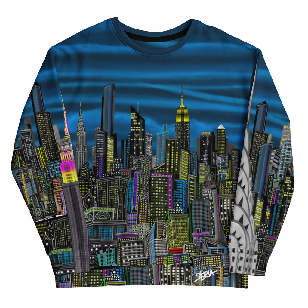 Colorful cityscape sweatshirt designed by Loria NYC Art on a white backround