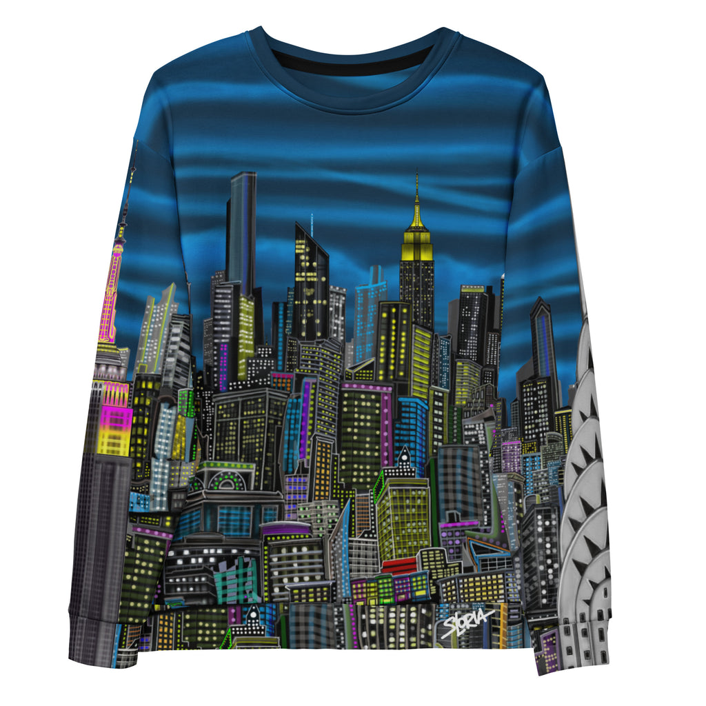 Long-sleeve shirt with a cityscape design by Loria NYC Art on a white background