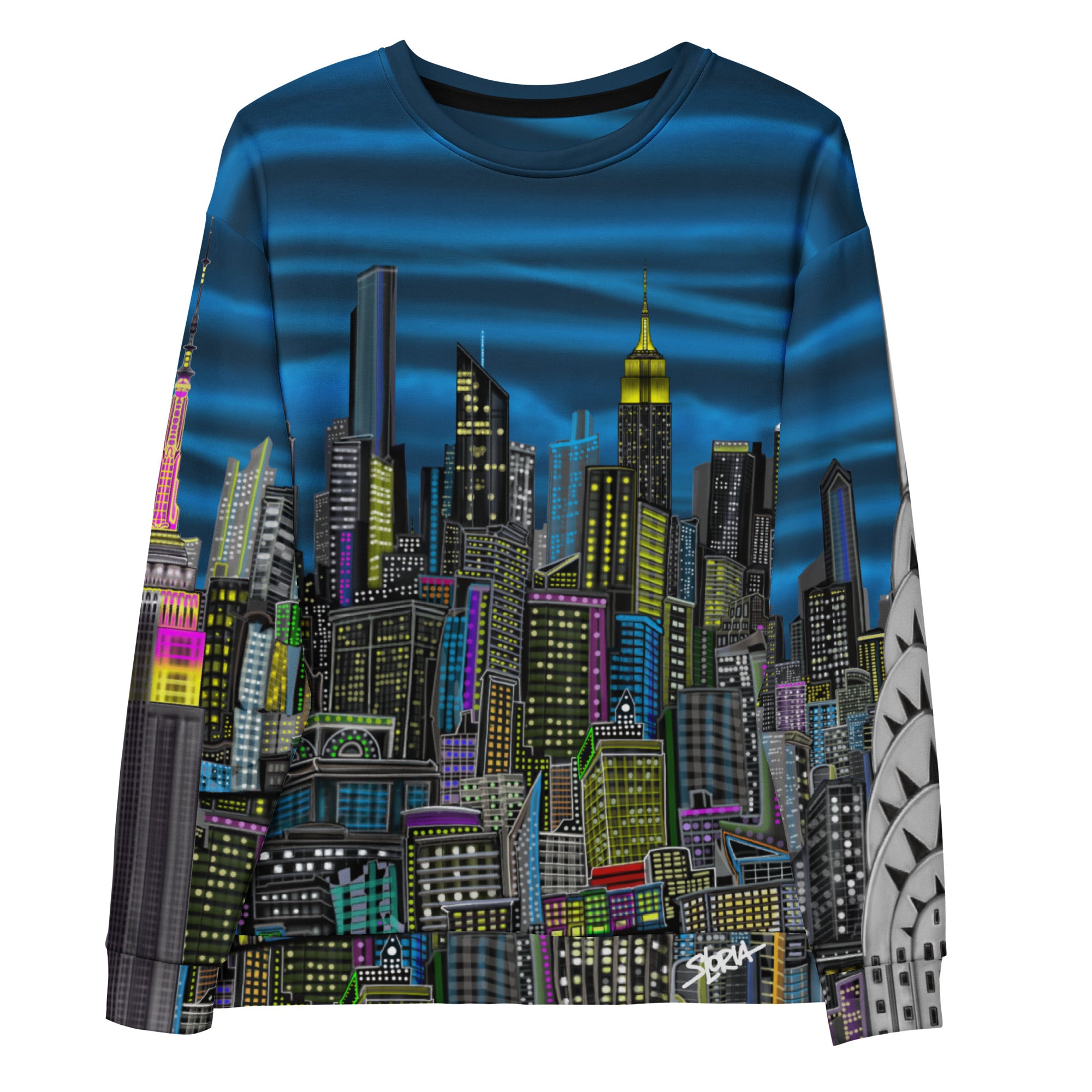 Long-sleeve shirt with a cityscape design by Loria NYC Art on a white background