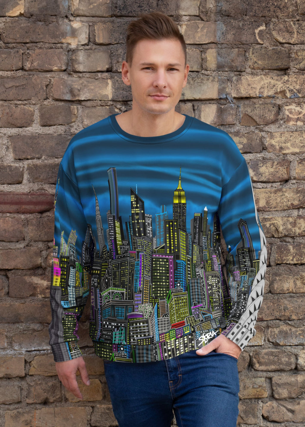 Person wearing Back of Colorful cityscape sweatshirt designed by Loria NYC Art on a  brick wall background