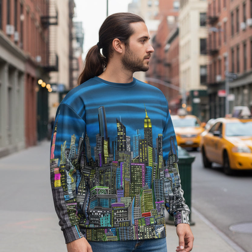 Colorful cityscape sweatshirt designed by Loria NYC Art on a white backround