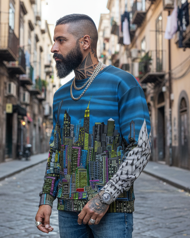 Man wearing a blue shirt Man wearing a colorful cityscape sdesigned by Loria NYC Art with cityscape design on a street in an urban setting