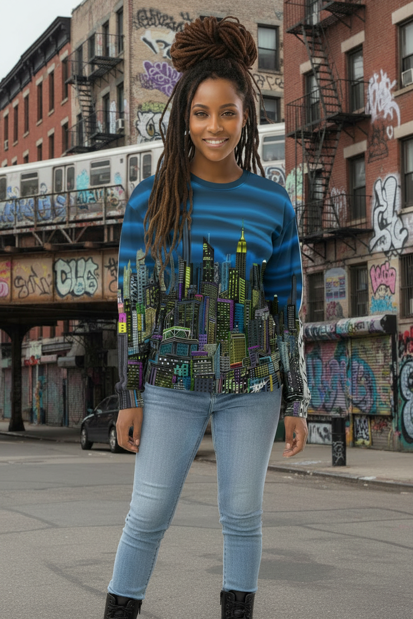 Woman wearing a colorful cityscape sweater designed by Loria NYC Art standing in an urban setting with graffiti-covered buildings and a train in the background.
