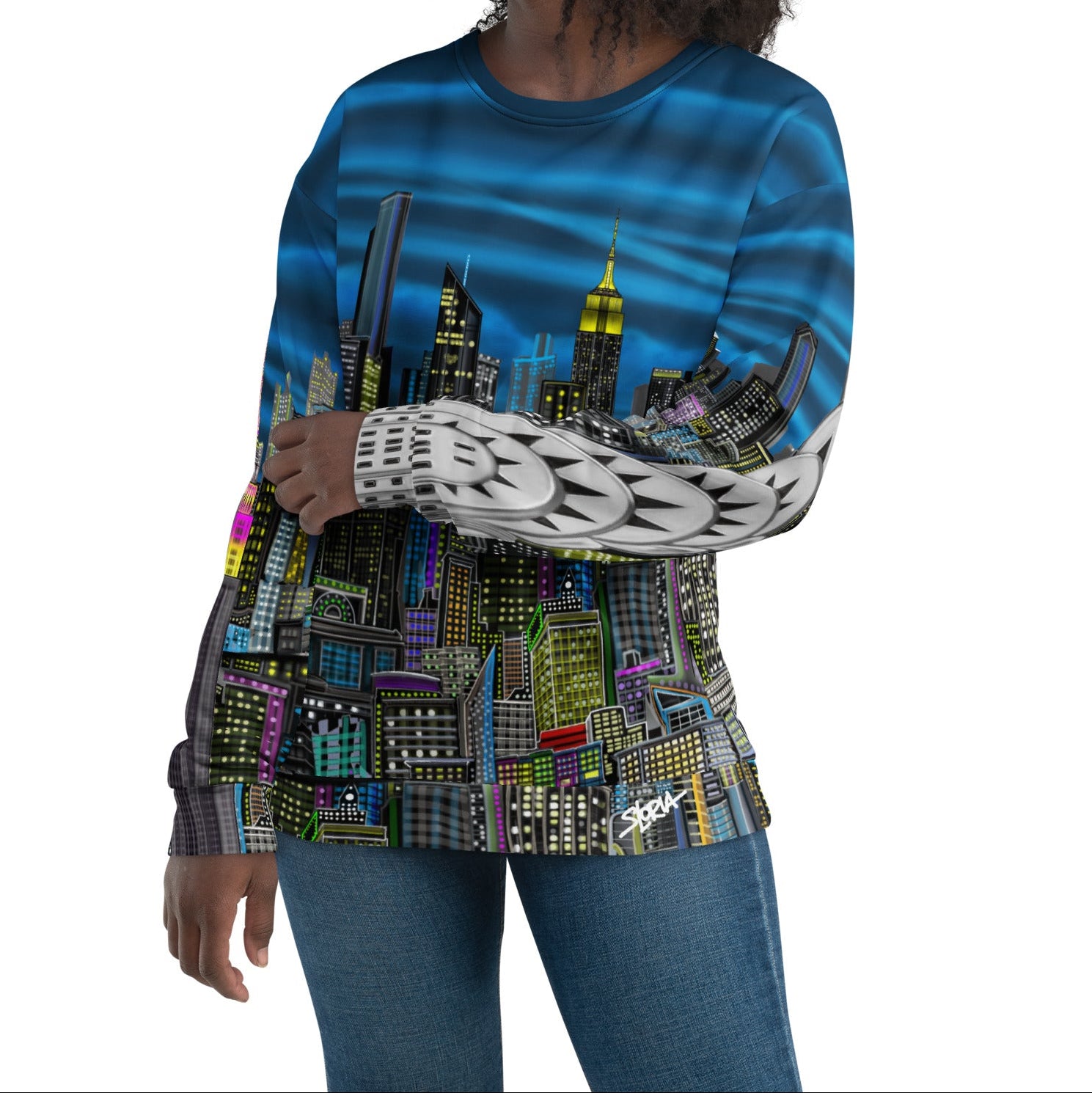 Person wearing Back of Colorful cityscape sweatshirt designed by Loria NYC Art on a white background