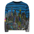Colorful cityscape sweatshirt designed by Loria NYC Art on a white backround