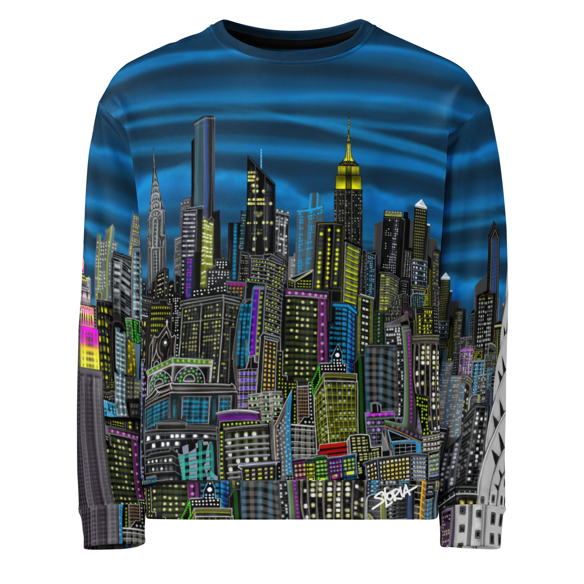Colorful cityscape sweatshirt designed by Loria NYC Art on a white backround