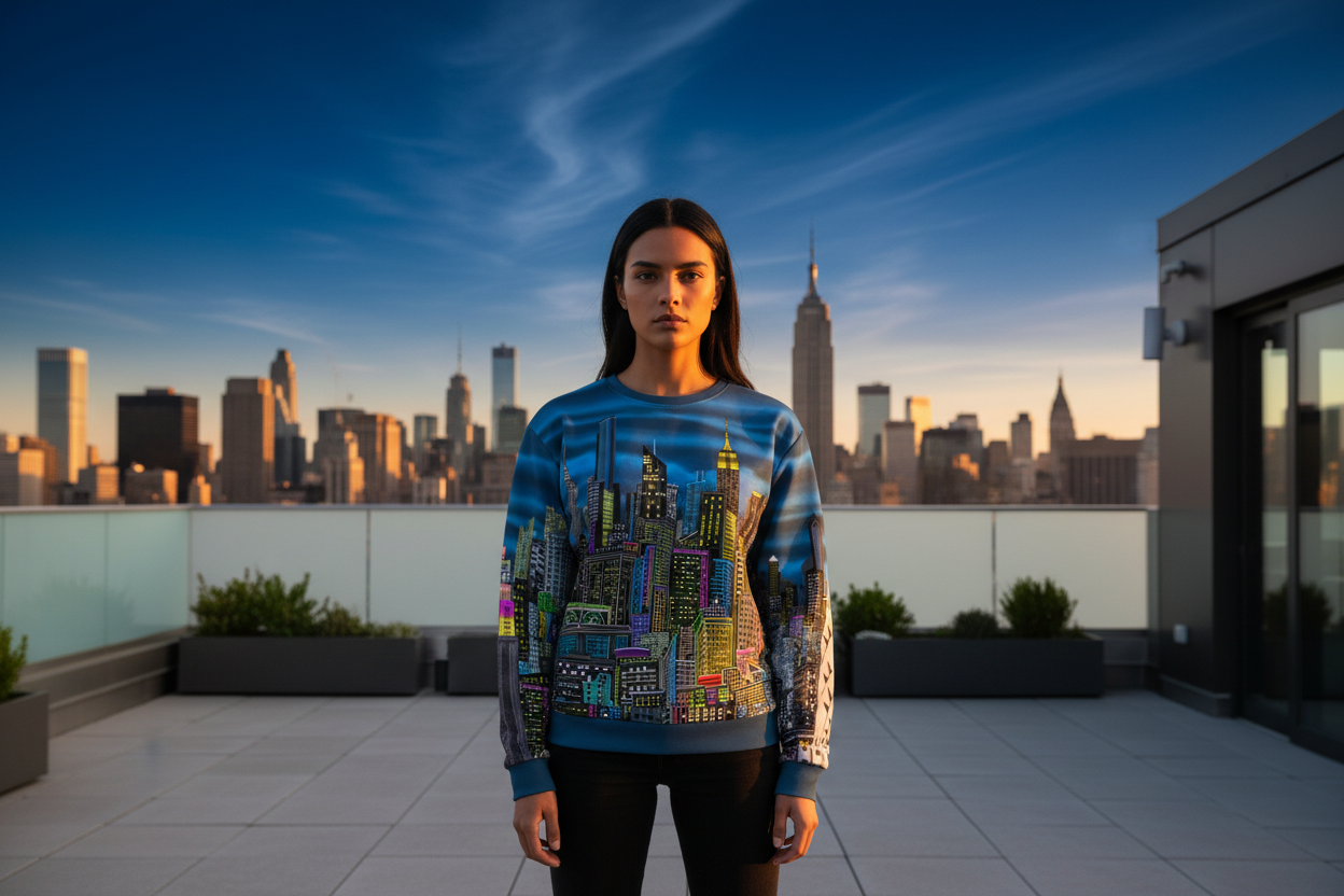 Person wearing a colorful cityscape sweatshirt design by Loria NYC Art on a rooftop with a city skyline in the background