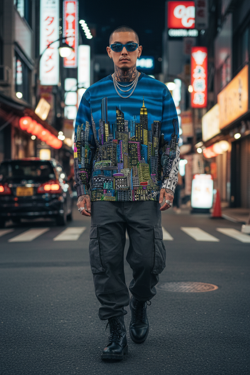 Man wearing a colorful cityscape sweatshirt designed by Loria NYC Art on a neon-lit street