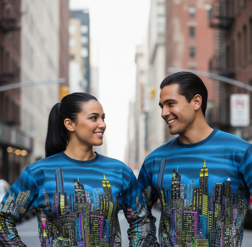 Two people wearing blue Loria NYC Art sweatshirts with cityscape designs on a city street.