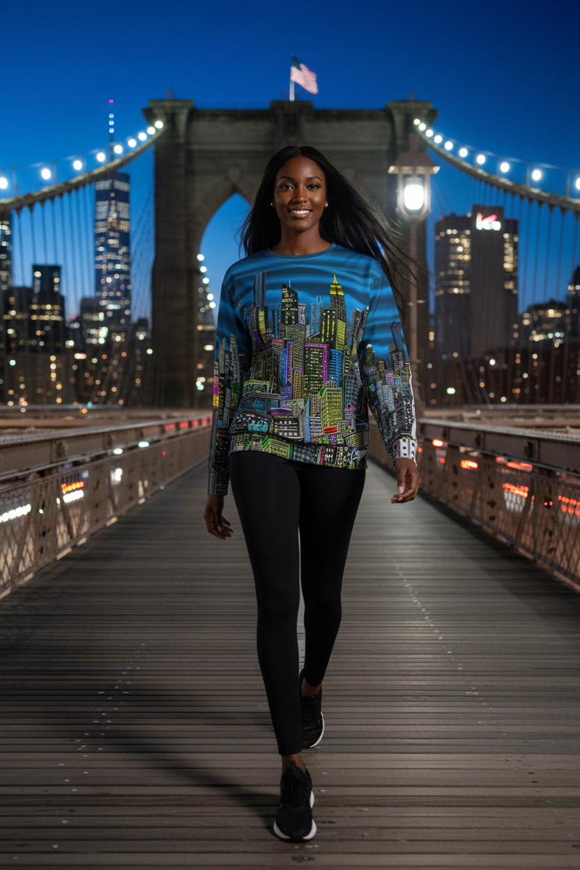 Woman walking on a bridge with a cityscape background wearing a colorful cityscape sweatshirt designed by Loria NYC Art