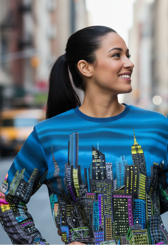 Two people wearing blue sweatshirts with a cityscape Loria NYC Art design on a city street.