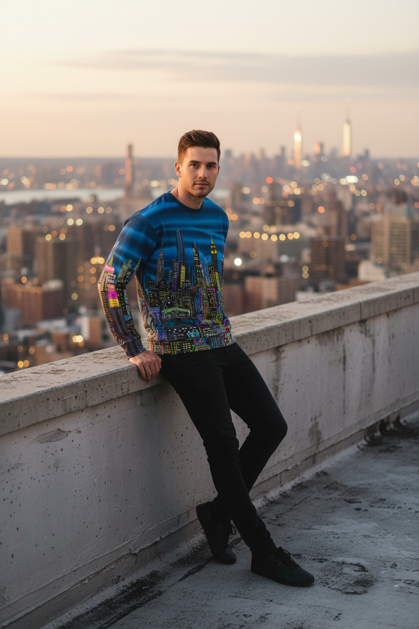 Man wearing a colorful cityscape sweatshirt designed by Loria NYC Art