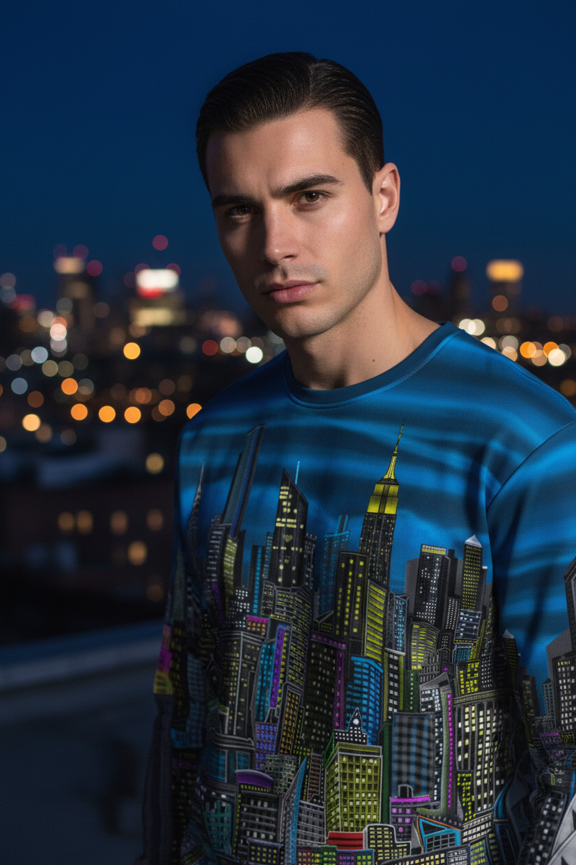 Man wearing a blue Loria NYC Art sweatshirt with cityscape design against a night-time cityscape background