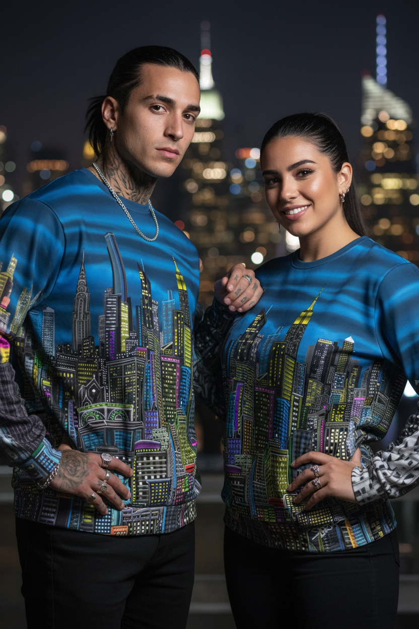 Two people wearing blue sweatshirts with cityscape Loria NYC Art design against a night cityscape background