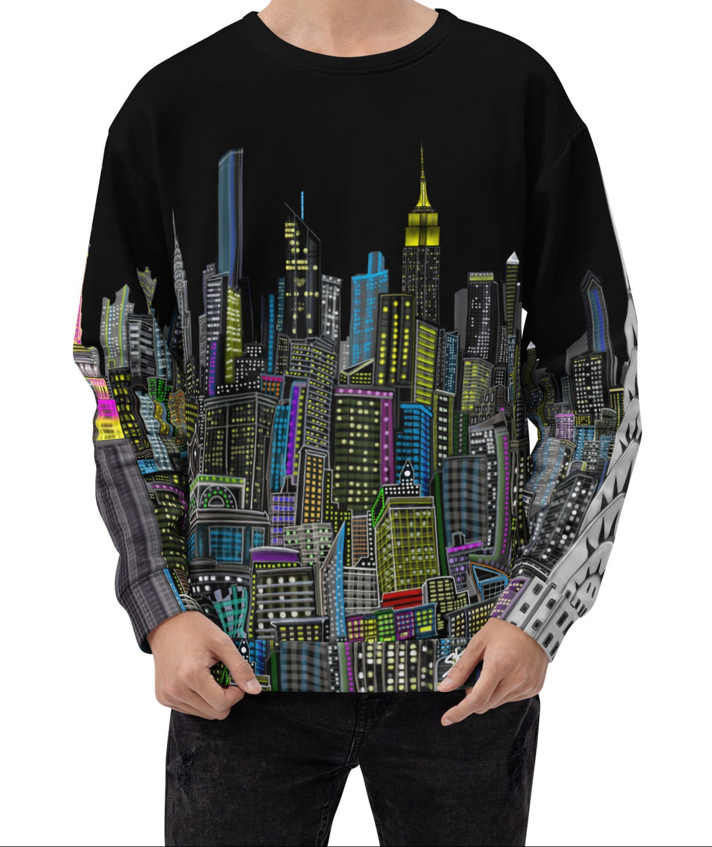 Person wearing a black sweatshirt with a colorful cityscape design by Loria NYC Art on a white background