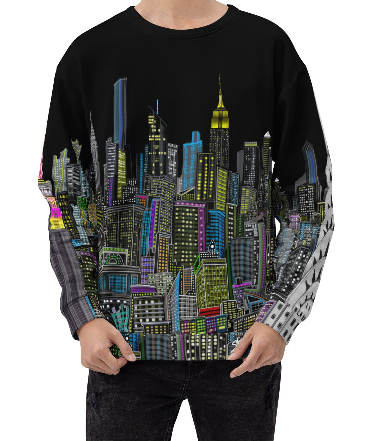 Person wearing a black sweatshirt with a colorful cityscape design by Loria NYC Art on a white background