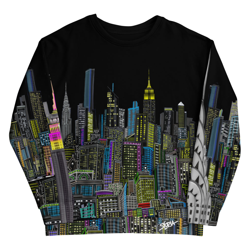 Back of Black sweatshirt with colorful cityscape design by Loria NYC Art on a white background