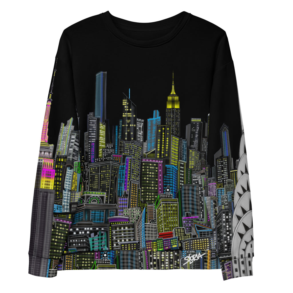 Front of Black sweatshirt with colorful cityscape design by Loria NYC Art on a white background