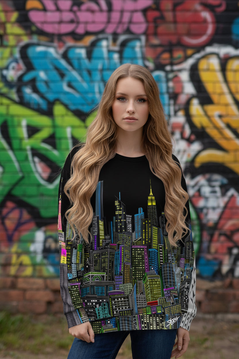 Girl posing in a black sweatshirt with a colorful cityscape design by Loria NYC Art on a brick background 