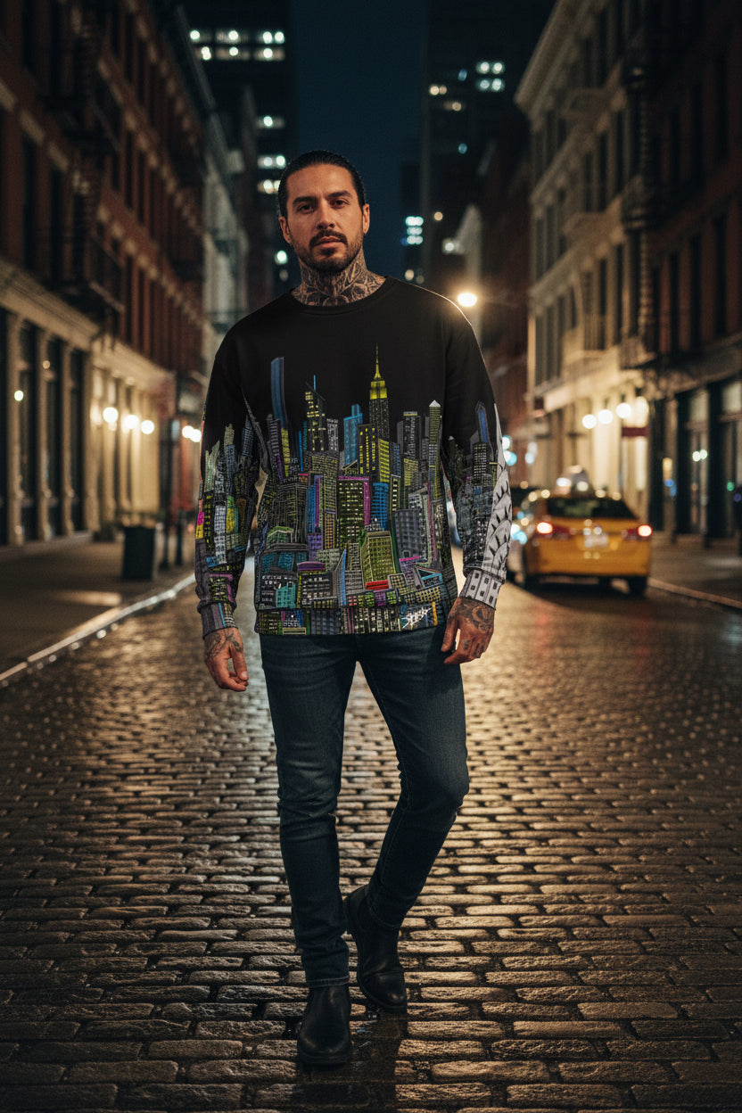 Guy showing off a black sweatshirt with a colorful cityscape design by Loria NYC Art on a urban background