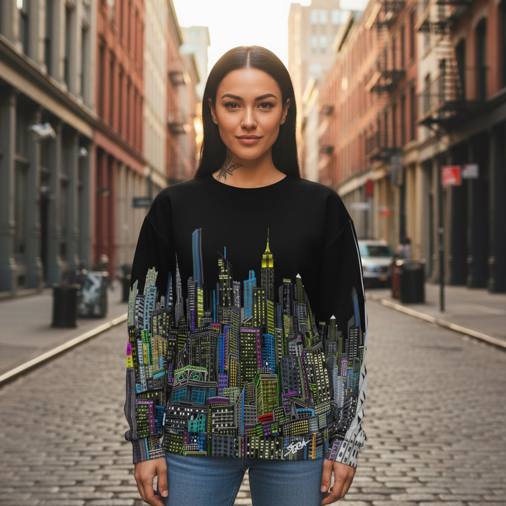 Lady wearing a black sweatshirt with a colorful cityscape design by Loria NYC Art on a urban background