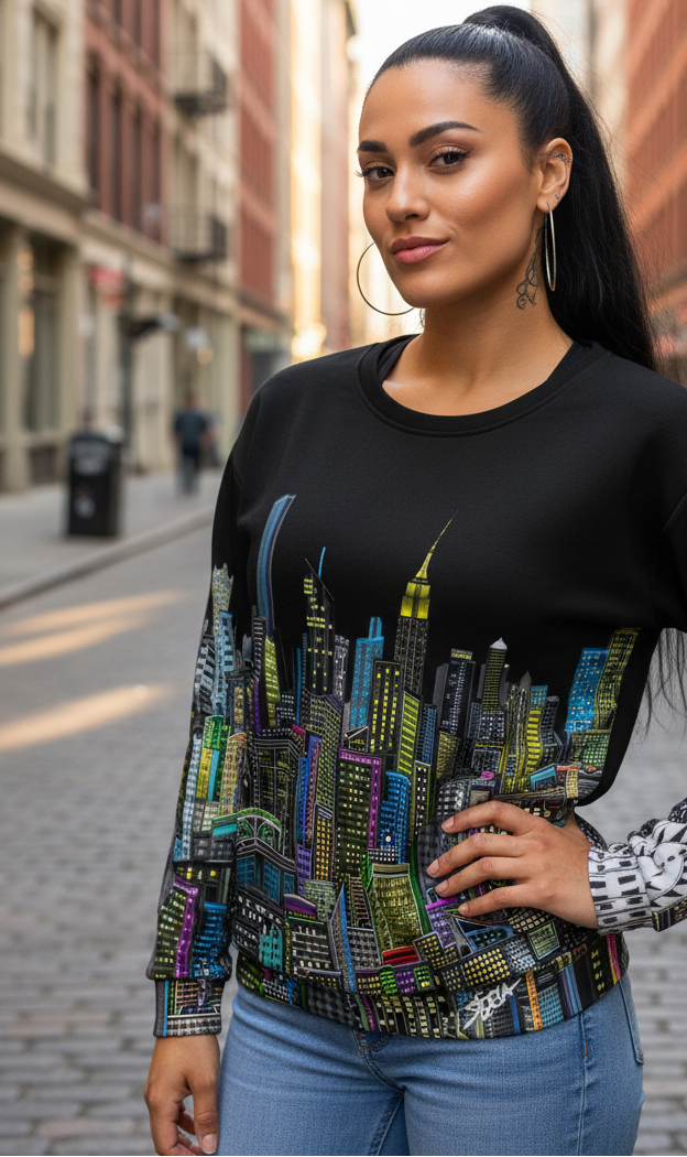 Woman wearing a black long-sleeve top with colorful cityscape Loria NYC Art design on a city street.