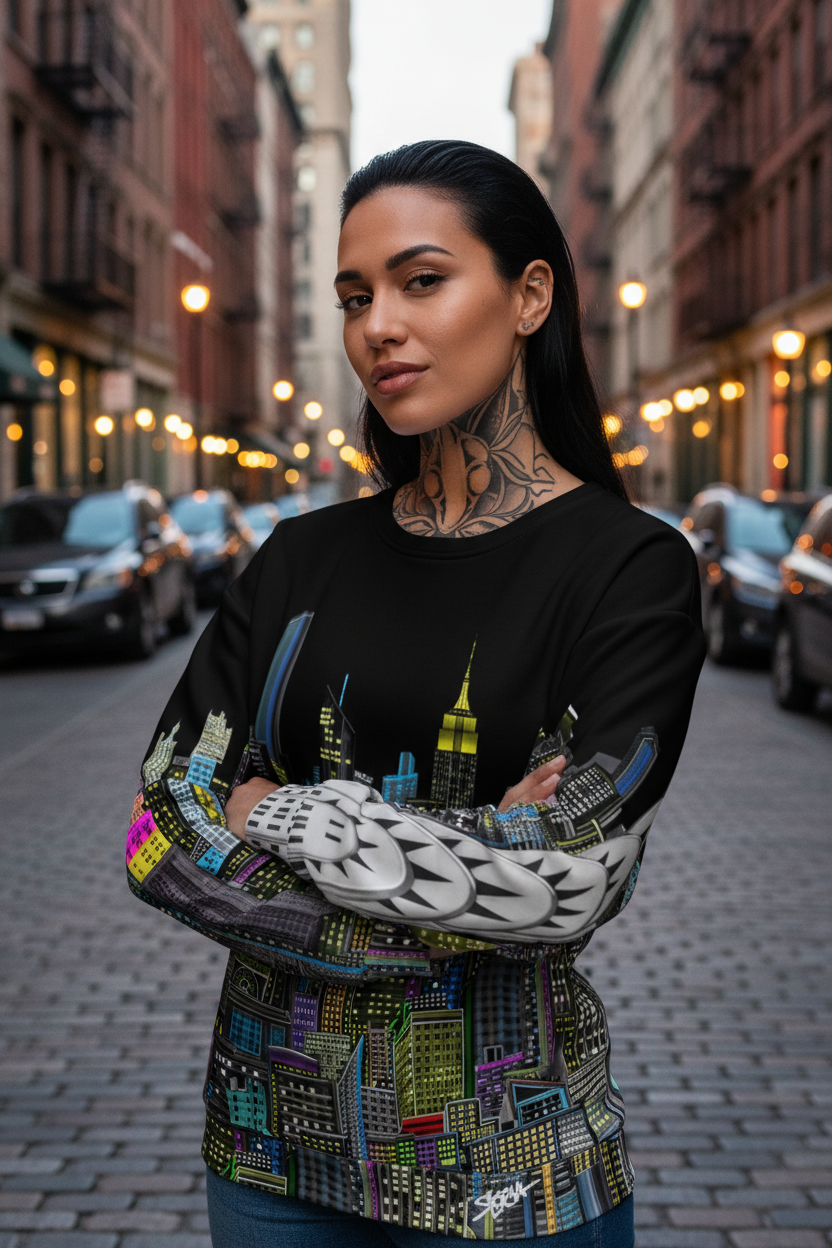 Woman wearing a black Loria NYC ART sweat Shirt with cityscape design on a city street.