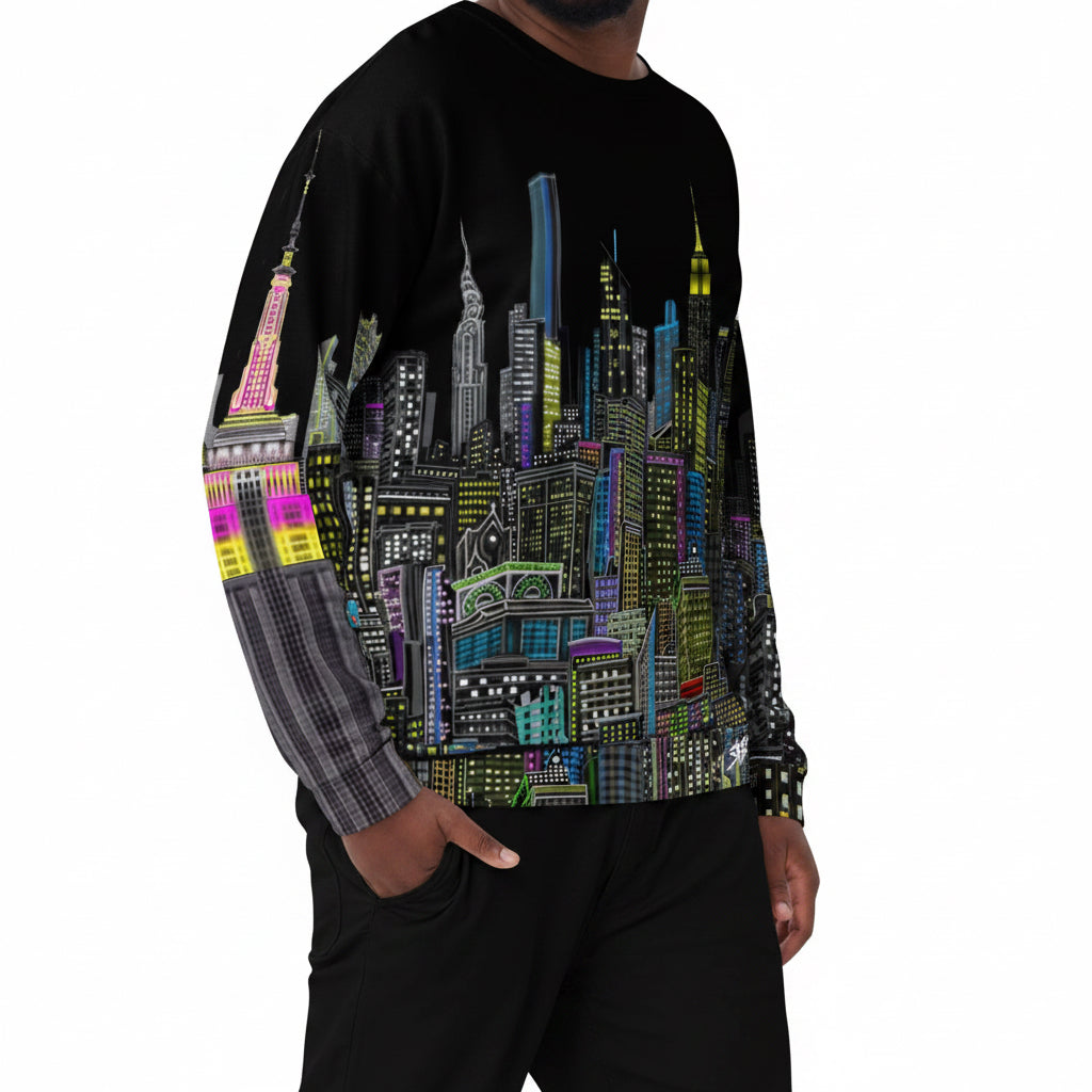 Guy posing side front view of a black sweatshirt with a colorful cityscape design by Loria NYC Art on a white background