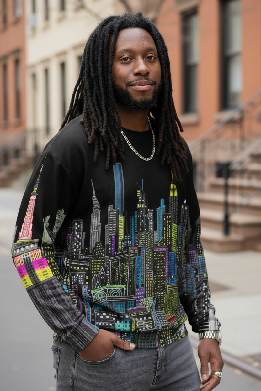 Person wearing a colorful shirt designed by Loria NYC Art standing on a street with brick buildings in the background