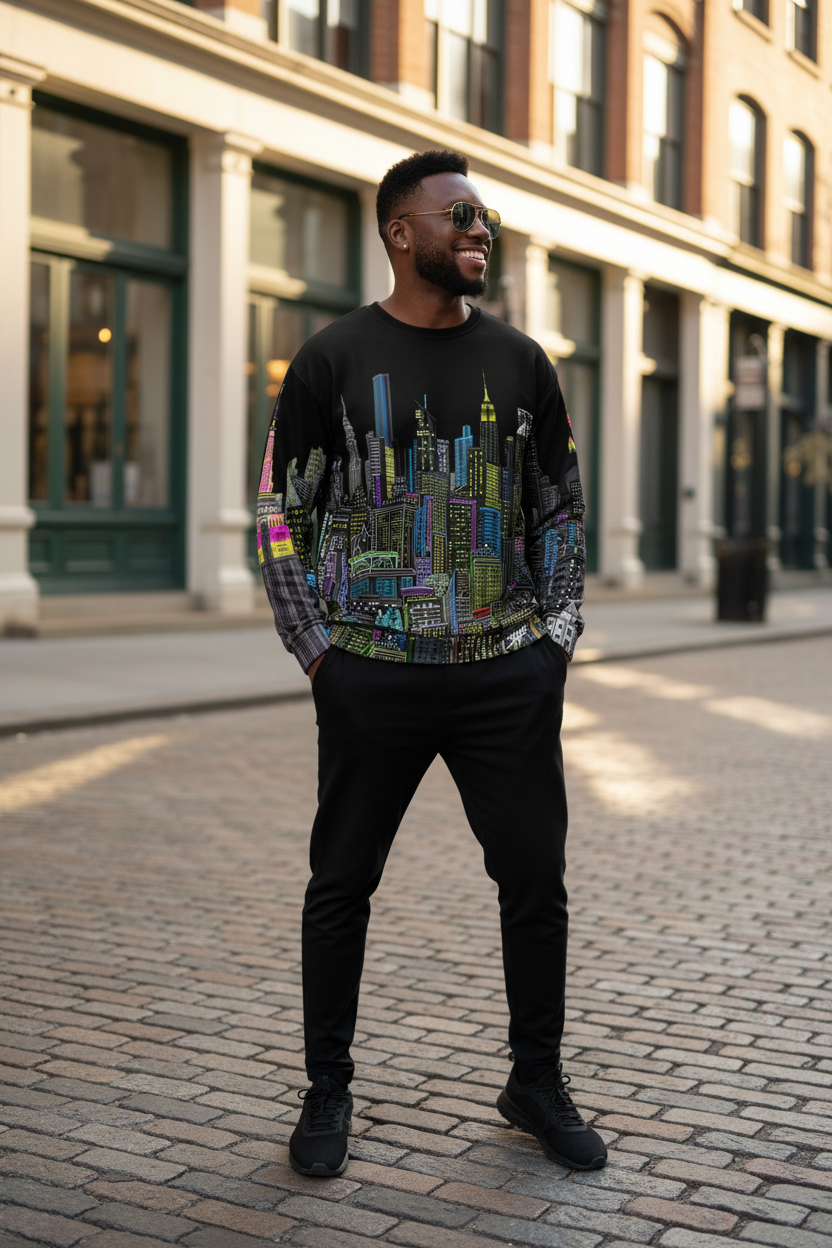 Man wearing a colorful cityscape Loria NYC Art sweatshirt on a city street.