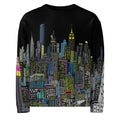 Front of Black sweatshirt with colorful cityscape design by Loria NYC Art on a white background