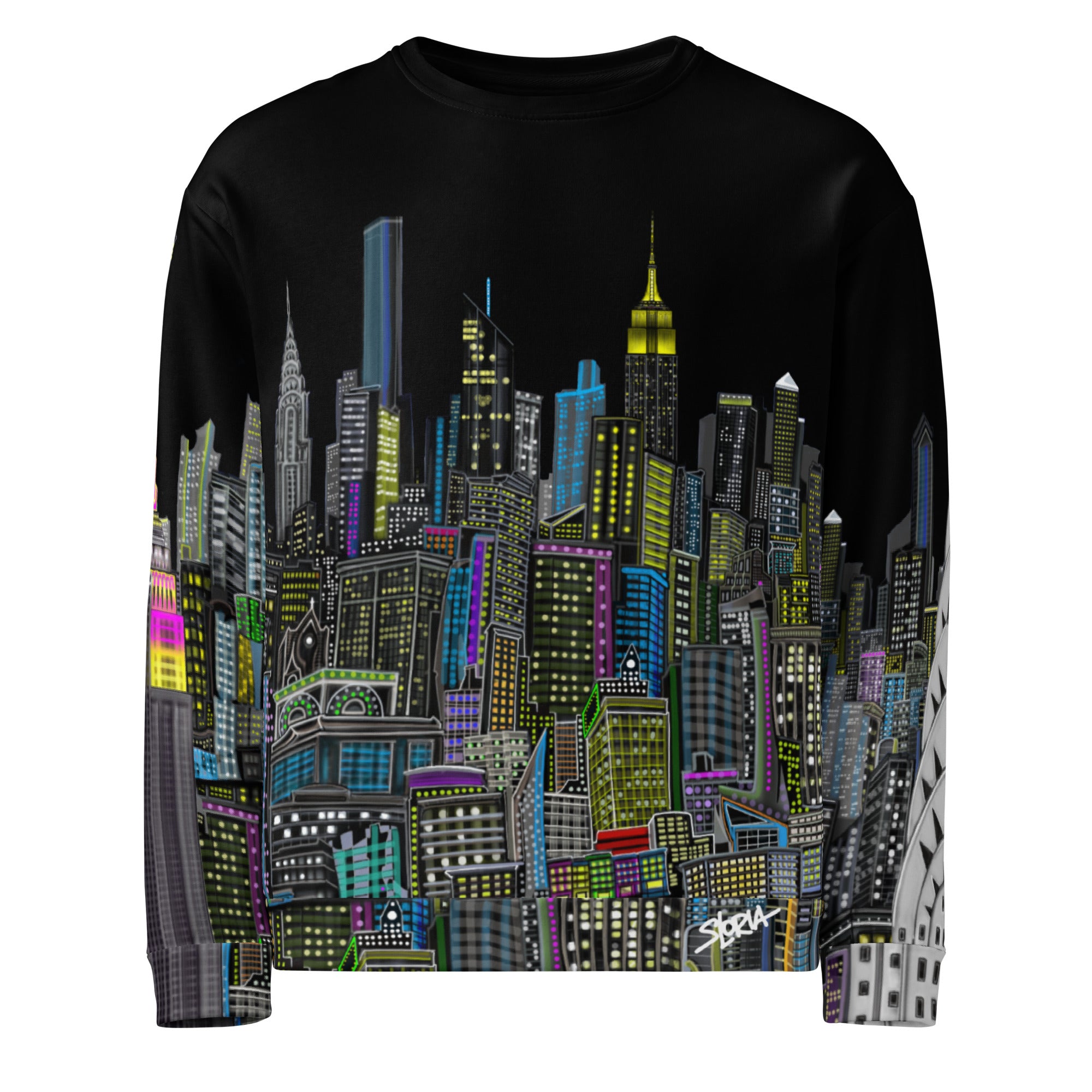 Front of Black sweatshirt with colorful cityscape design by Loria NYC Art on a white background