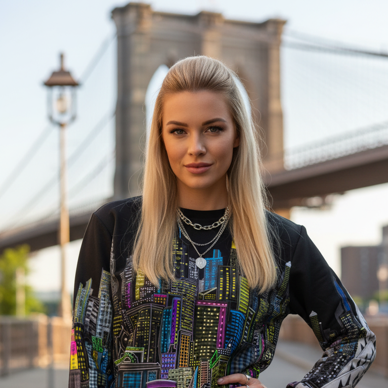 Woman wearing a colorful Loria NYC Art sweater with a bridge in the background
