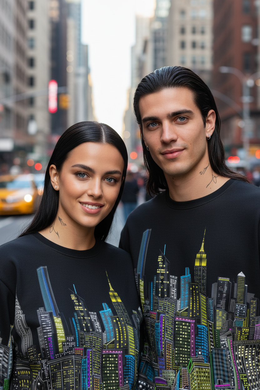 Two people wearing black Loria NYC Art sweatshirts with cityscape designs on a city street.