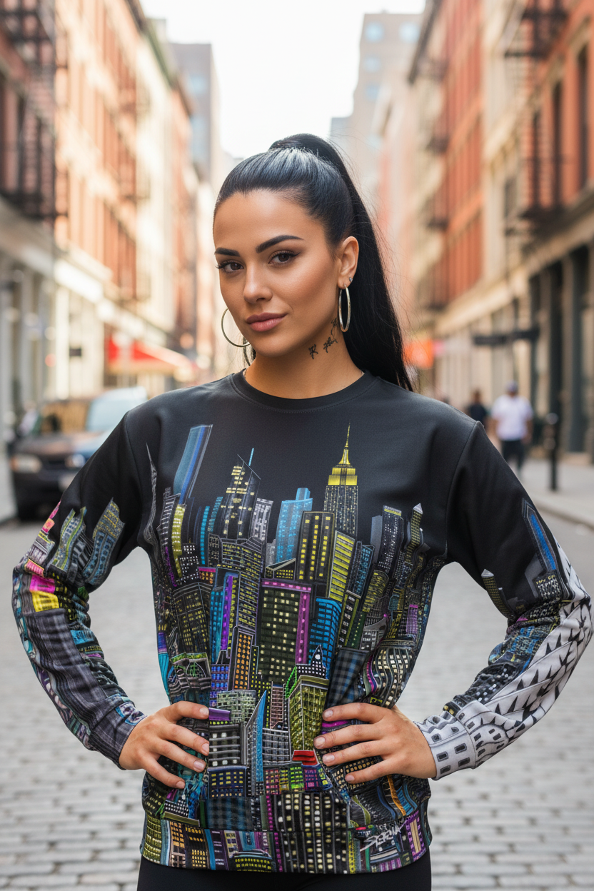 Woman wearing a colorful Loria NYC Art cityscape sweatshirt on a city street.