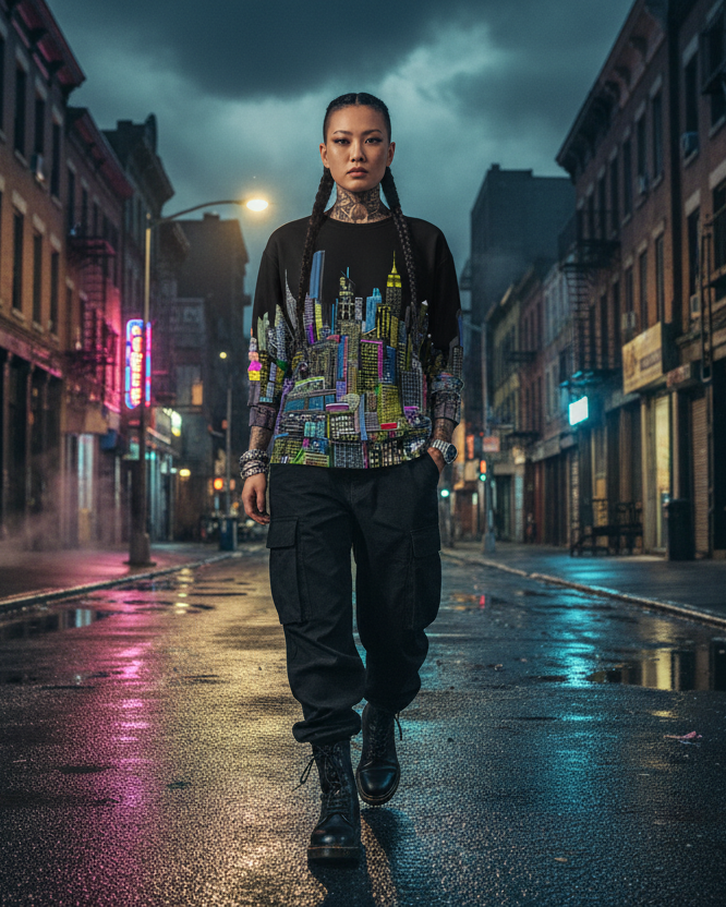 Person walking down a rain-soaked street with neon lights and dark clouds wearing a shirt designed by Loria NYC Art.