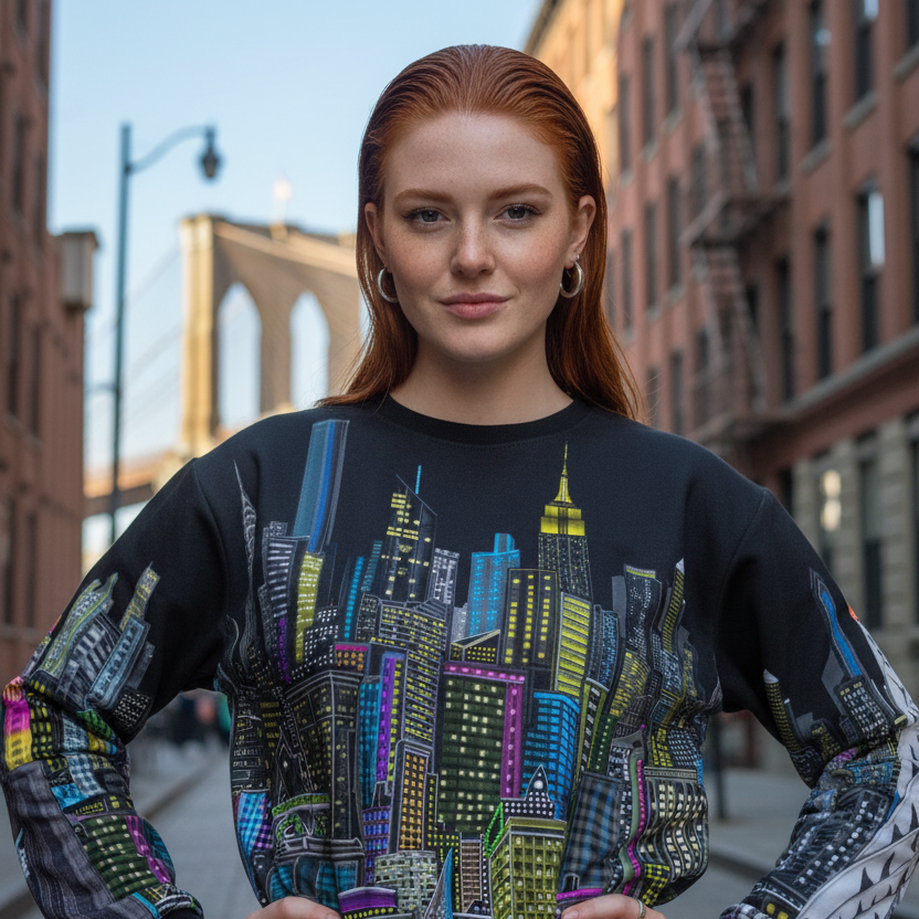 Woman wearing a colorful Loria NYC Art cityscape sweater with a city skyline in the background