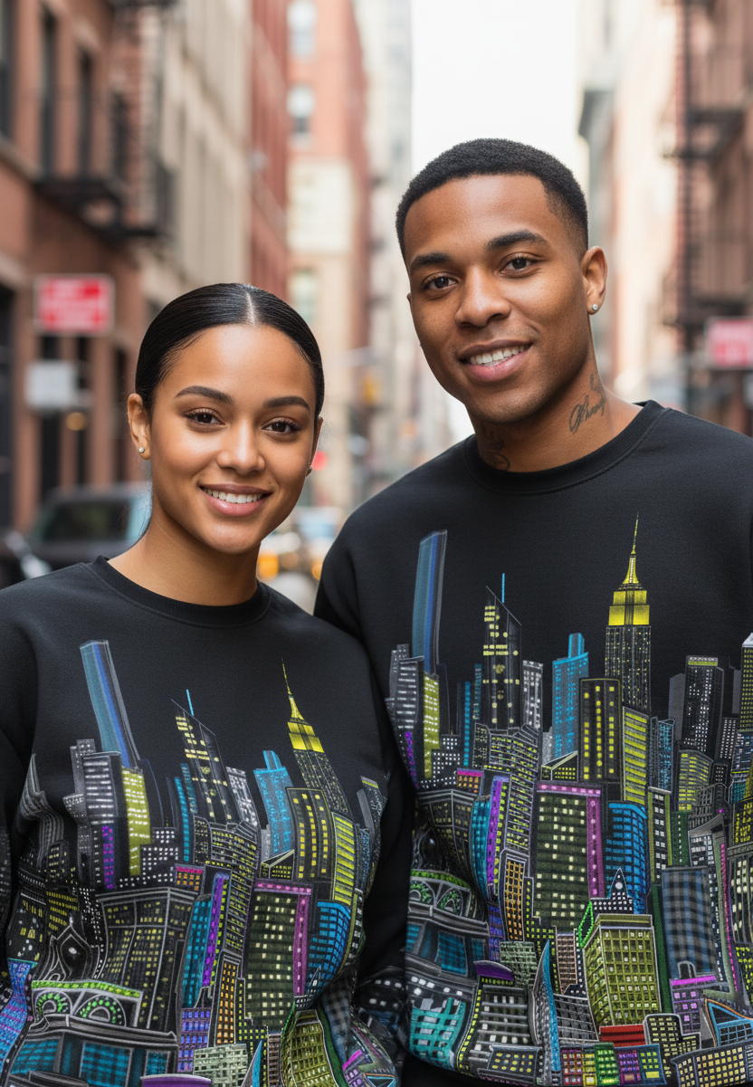 Two people wearing black Loria NYC Art sweatshirts with colorful cityscape design on a city street.