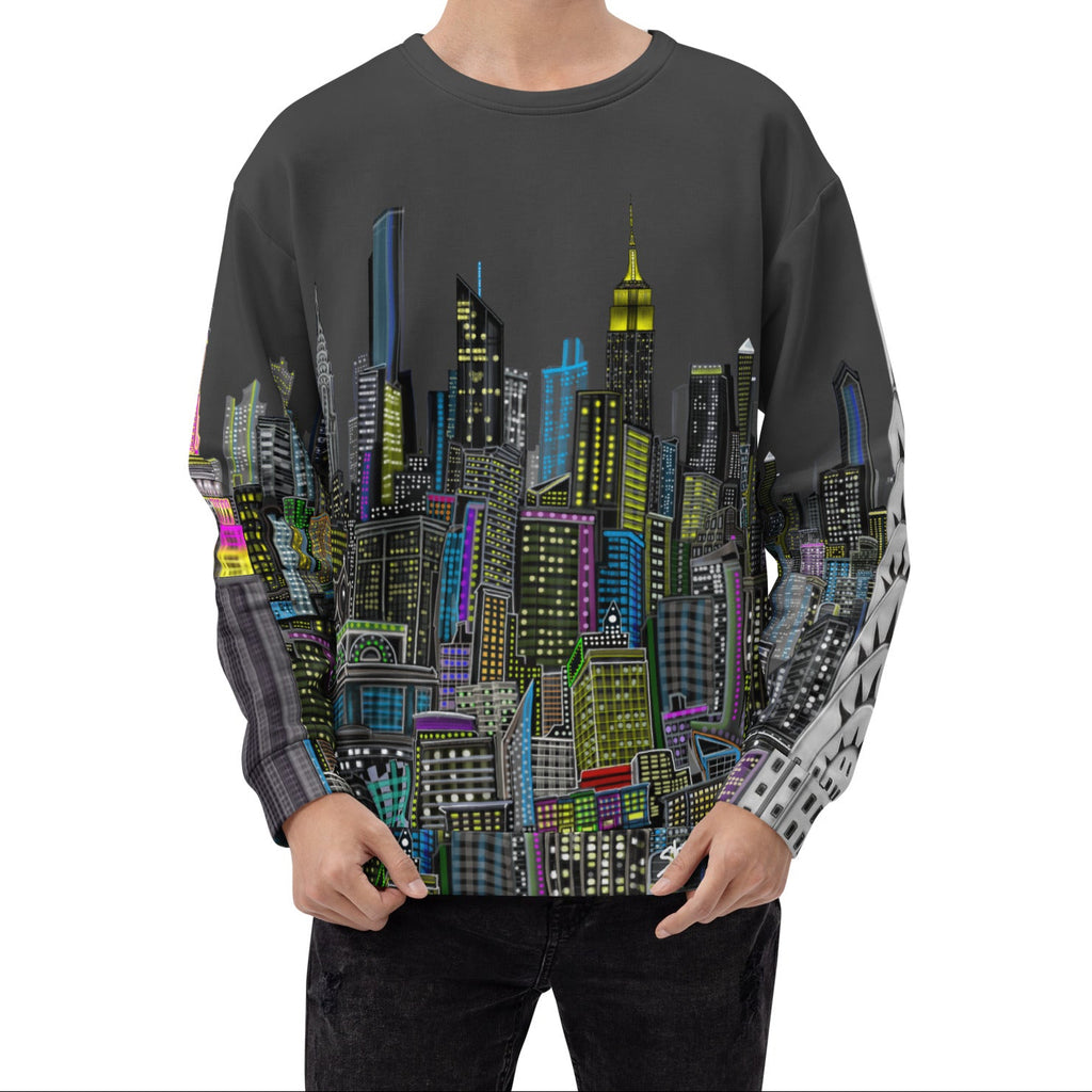 Man wearing Sweatshirt with a charcoal grey sky colorful cityscape design by Loria NYC Art on a white background